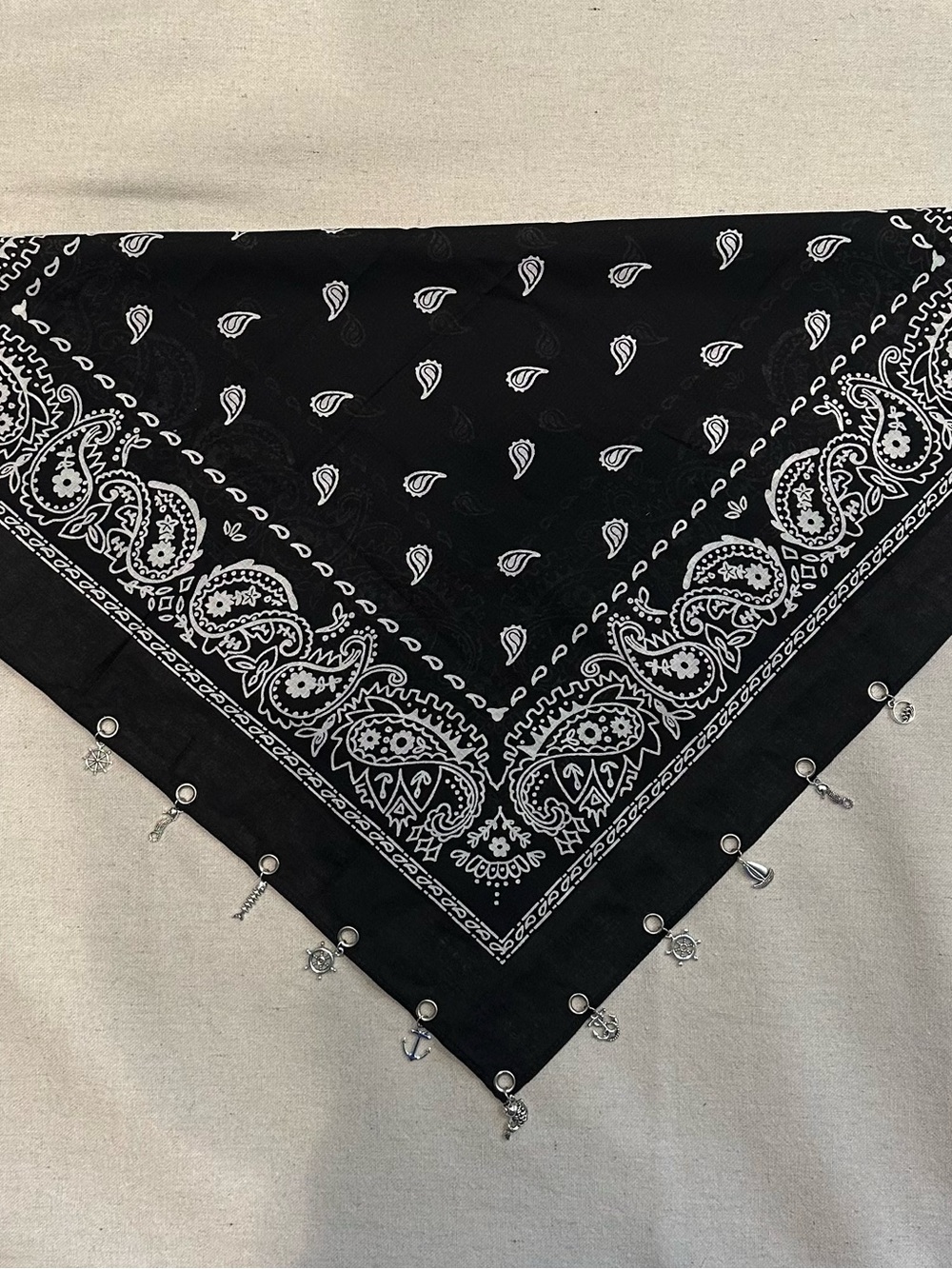 Black Paisley Bandana Scarf with Silver Charms